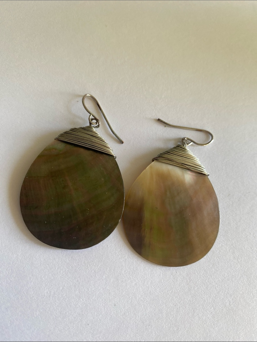 Mother of Pearl Teardrop wire wrap Drop pierced Earrings - Silver Wire Accent